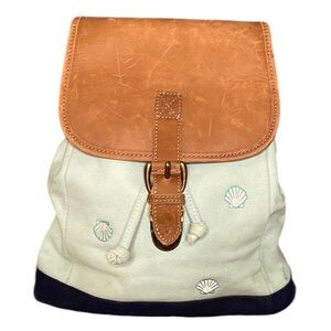LL BEAN BOAT & TOTE BACKPACK SMALL CANVAS AND LEATHER w/ EMBROIDERED SEASHELLS